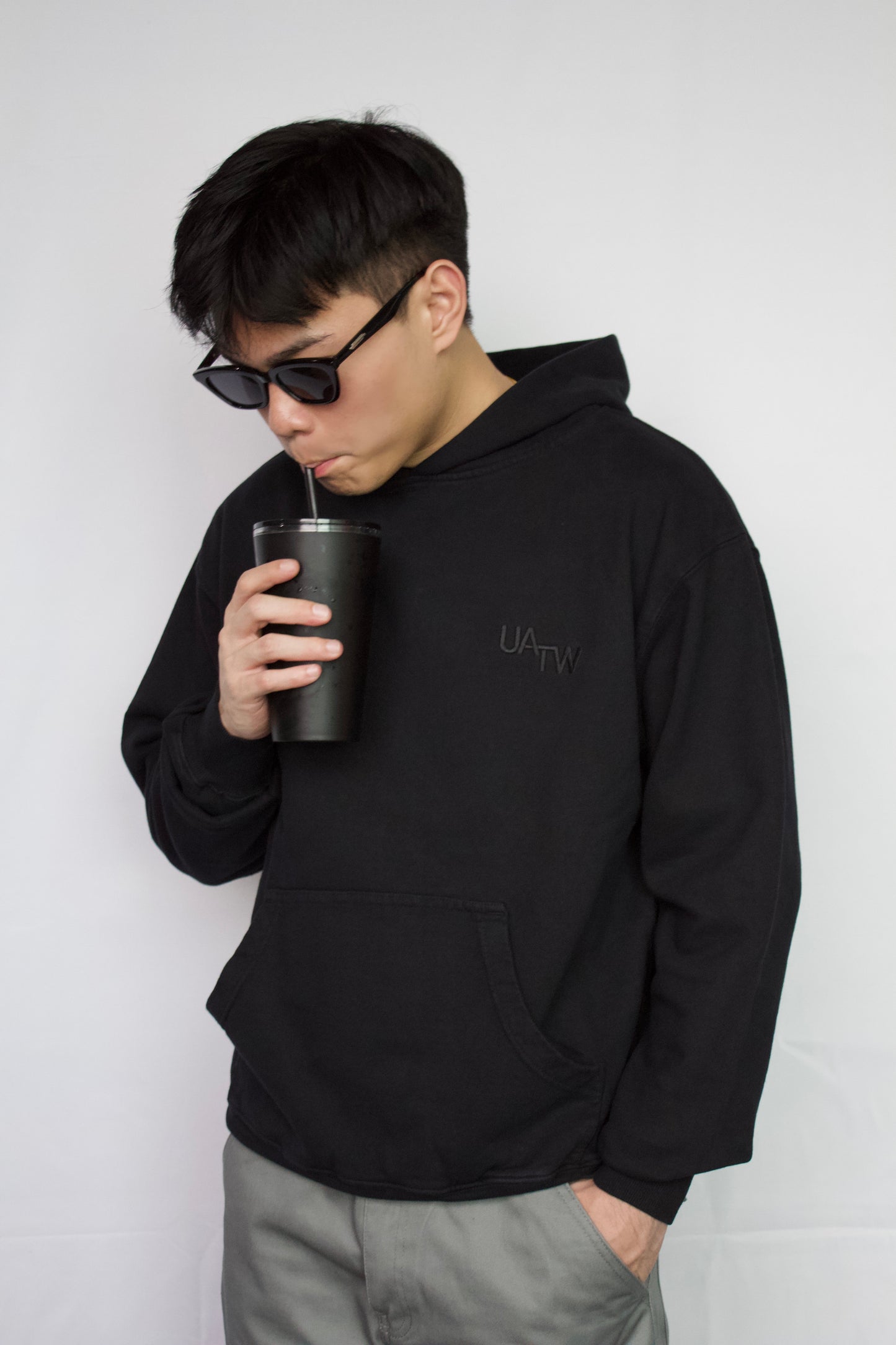 EMBROIDERED LOGO OVERSIZED FLEECE HOODIE -  VINTAGE BLACK