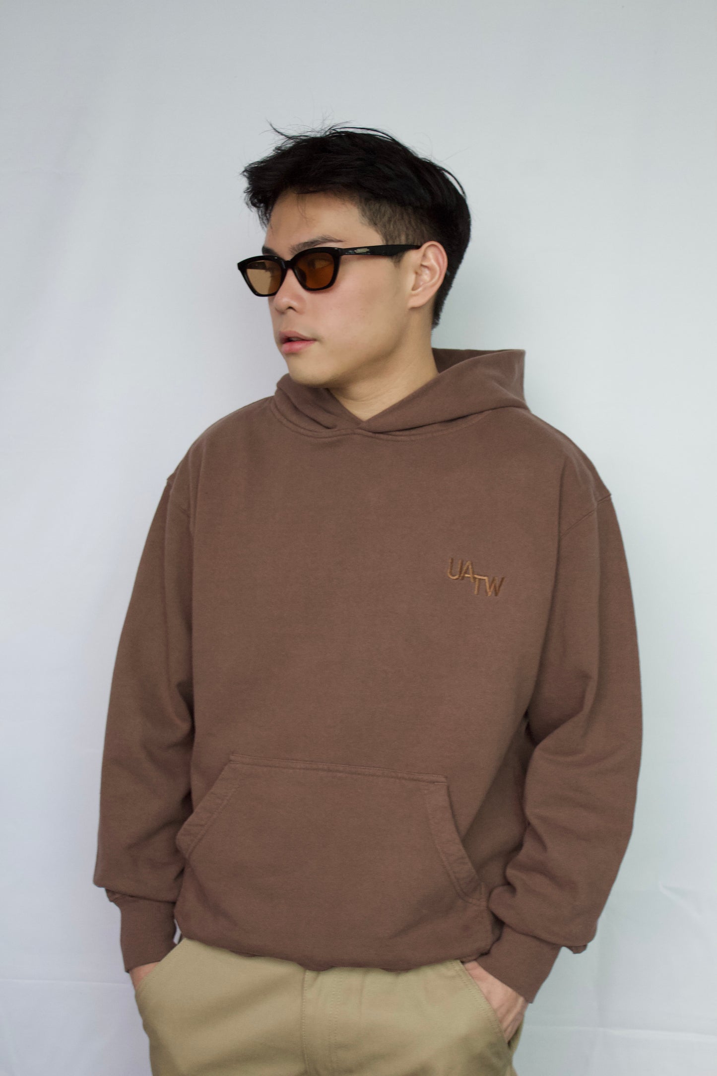 EMBROIDERED LOGO OVERSIZED FLEECE HOODIE -  VINTAGE MOCHA